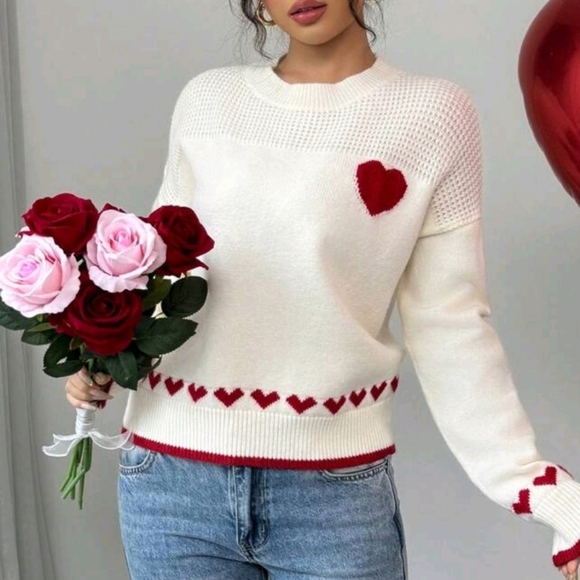 Women's Loose & Casual Heart Graphic Drop Shoulder Sweater For Valentine's - Picture 1 of 4